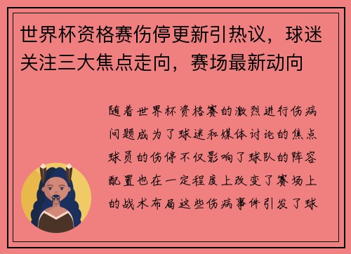 世界杯资格赛伤停更新引热议，球迷关注三大焦点走向，赛场最新动向