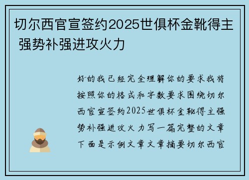 切尔西官宣签约2025世俱杯金靴得主 强势补强进攻火力